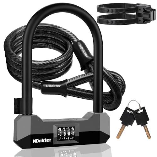 NDakter Bike Locks Heavy Duty Anti Theft, 18mm Bicycle Combo U Lock, 4-Digit Resettable Large Combination Lock with 5FT Steel Cable and Bracket, for Electric Scooter, Ebike, Motorcycle (Gray)