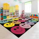 Rainbow Smile Face Educational Area Rug Large Black Multicolor Play Carpet Classroom Rug Children's Classroom Carpet Pastel Rug for Kids Teaching and Playroom, 5' x 7'5"
