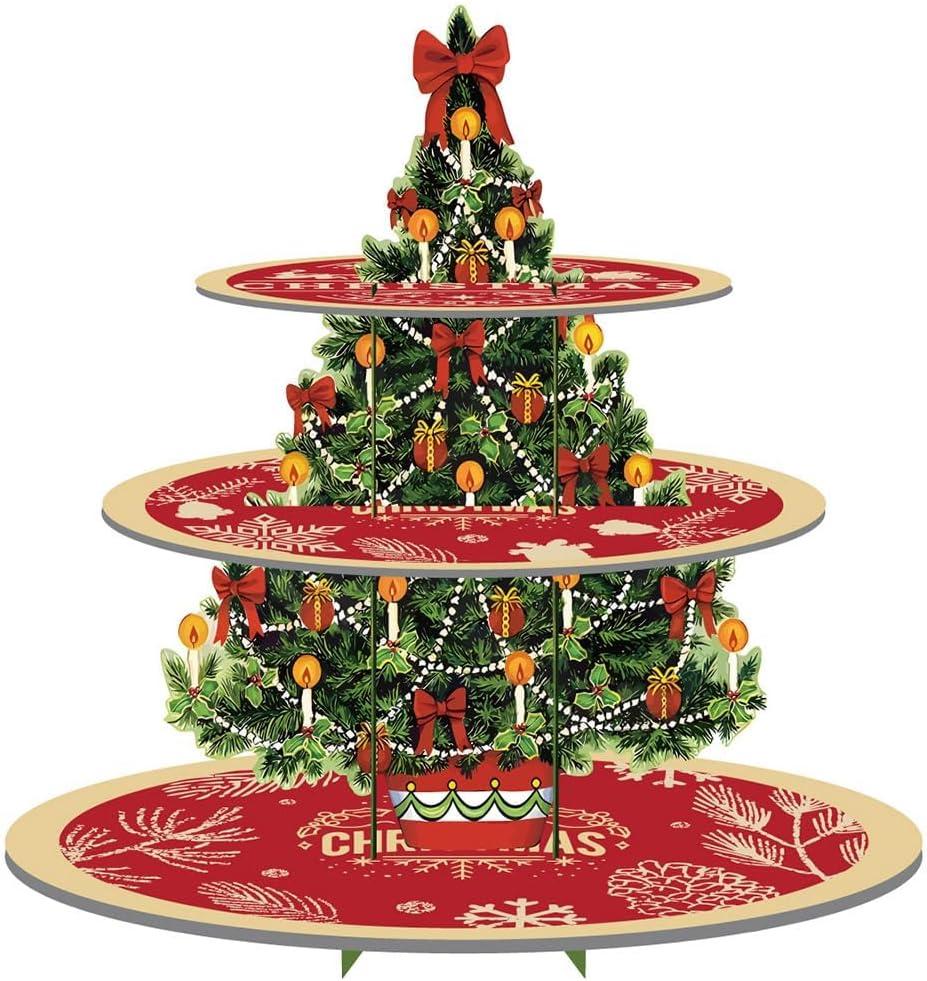 Christmas Cupcake Stand, 3 Tier Christmas Party Decorations Cardboard Cake Stand, Christmas Tree Theme Party Cupcake Holder Tower for Christmas Birthday Party Supplies Dessert Tower