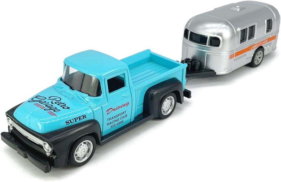 Vintage Blue Pickup Truck Trailer Towing Toy Camper RV Motorhome Toys for Boys Diecast Model Car Metal Pull Back Toy Cars 3 4 5 6 7 Year Old Toddler Kids Birthday Gifts Cake Topper Home Office Décor
