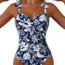 Aleumdr Swimming Suits for Women 2026 Sexy Printed One Piece Swimsuit Floral Tummy Control Bathing Suit V Neck Boho Tie Shoulder Monokini Navy Blue Small