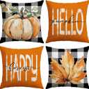 Artscope Fall Decorative Throw Pillow Covers 20x20 Inch Set of 4, Hello Happy Autumn Pumpkin Buffalo Plaid Maple Leaves Harvest Outdoor Farmhouse Pillow Cases for Home Sofa Couch-Orange B
