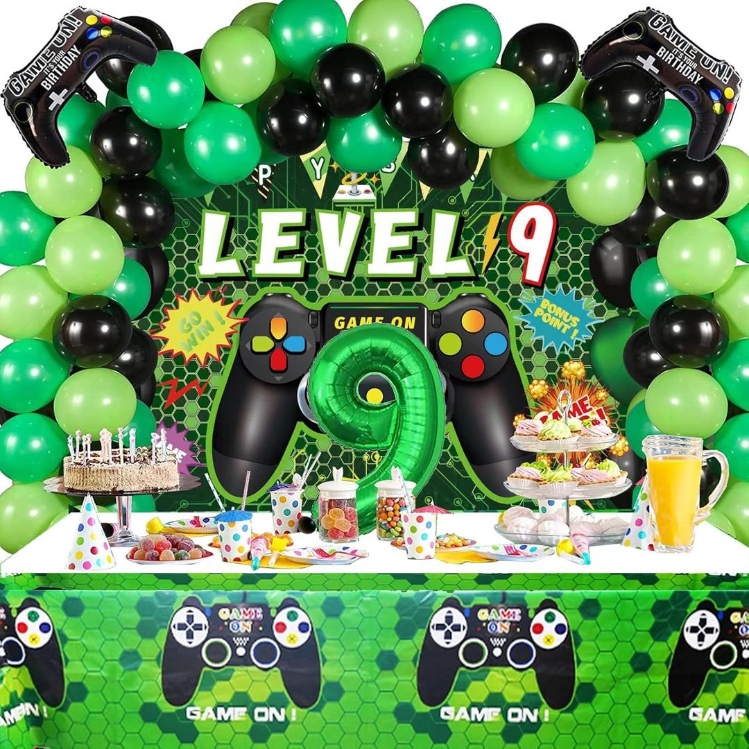 Vlipoeasn 90PCS 9th Birthday Video Game Party Decorations for Boys - Green '9' Foil Balloons, 9th Video Game Backdrop, Gamer Tablecloth, 85pcs Latex Balloons, Ribbon, Chain, Banner Rope