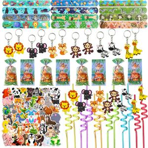 110PCS Safari Party Favors Jungle Party Favors Goodie Bags Stuffers for Camping Party Include Slap Bracelet,DIY Safari Stickers ,Woodland Keychains,Forest Animals Pencil Caps and Party Straws
