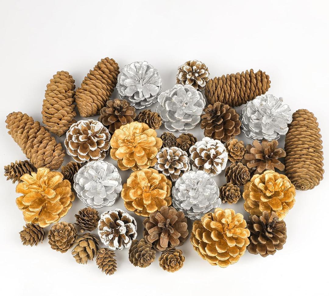 Fangoo 40Pcs Natural Christmas Gold Silver Pine Cones Bulk Snow Spruce PineCones Ornaments for Christmas Tree Autumn Winter DIY Wreaths Crafts Decorating Xmas Thanksgiving Fall Decor Bowl Fillers Fangoo 40Pcs Natural Christmas Gold Silver Pine Cones Bulk Snow Spruce PineCones Ornaments for Christmas Tree Autumn Winter DIY Wreaths Crafts Decorating Xmas Thanksgiving Fall Decor Bowl Fillers