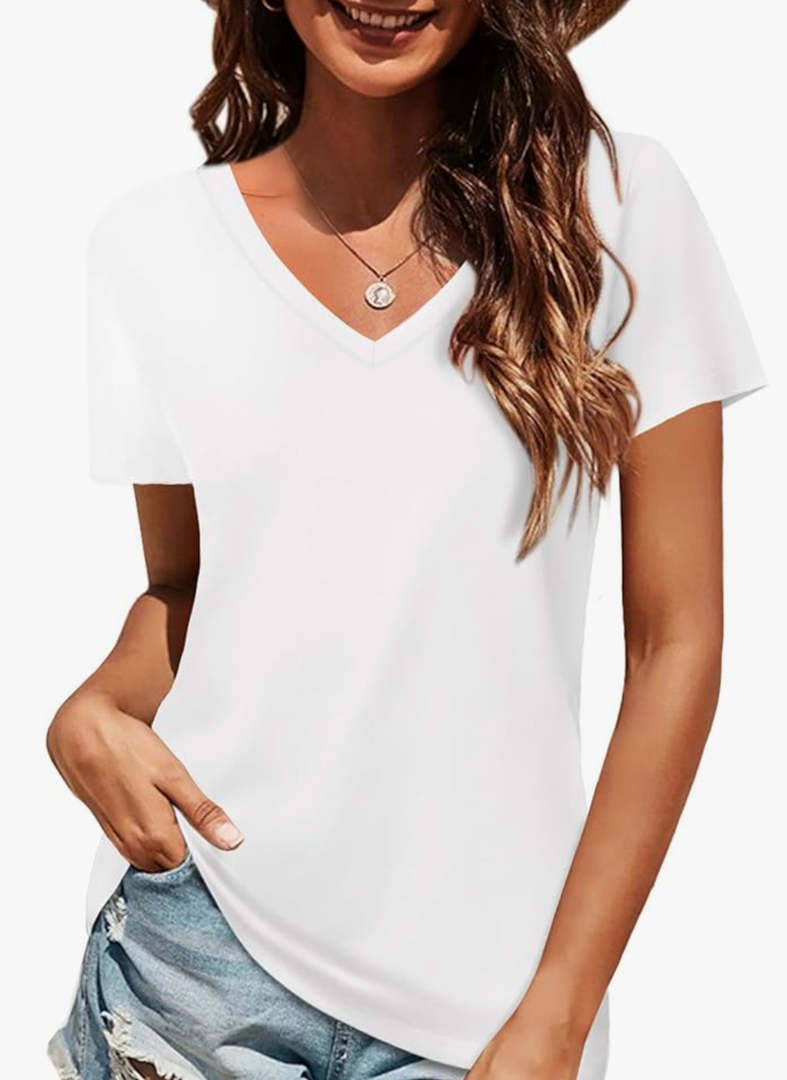 Elesomo Women Shirts V Neck Short/Long Sleeve Cotton Tops T-Shirt Basic Tees. Size L