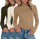 3 Pack Women's Cotton Turtleneck Tops Long Sleeve Shirts Stretch Undershirt Casual Basic Fall Winter Clothes (Large, Khaki, Cream, Army Green)