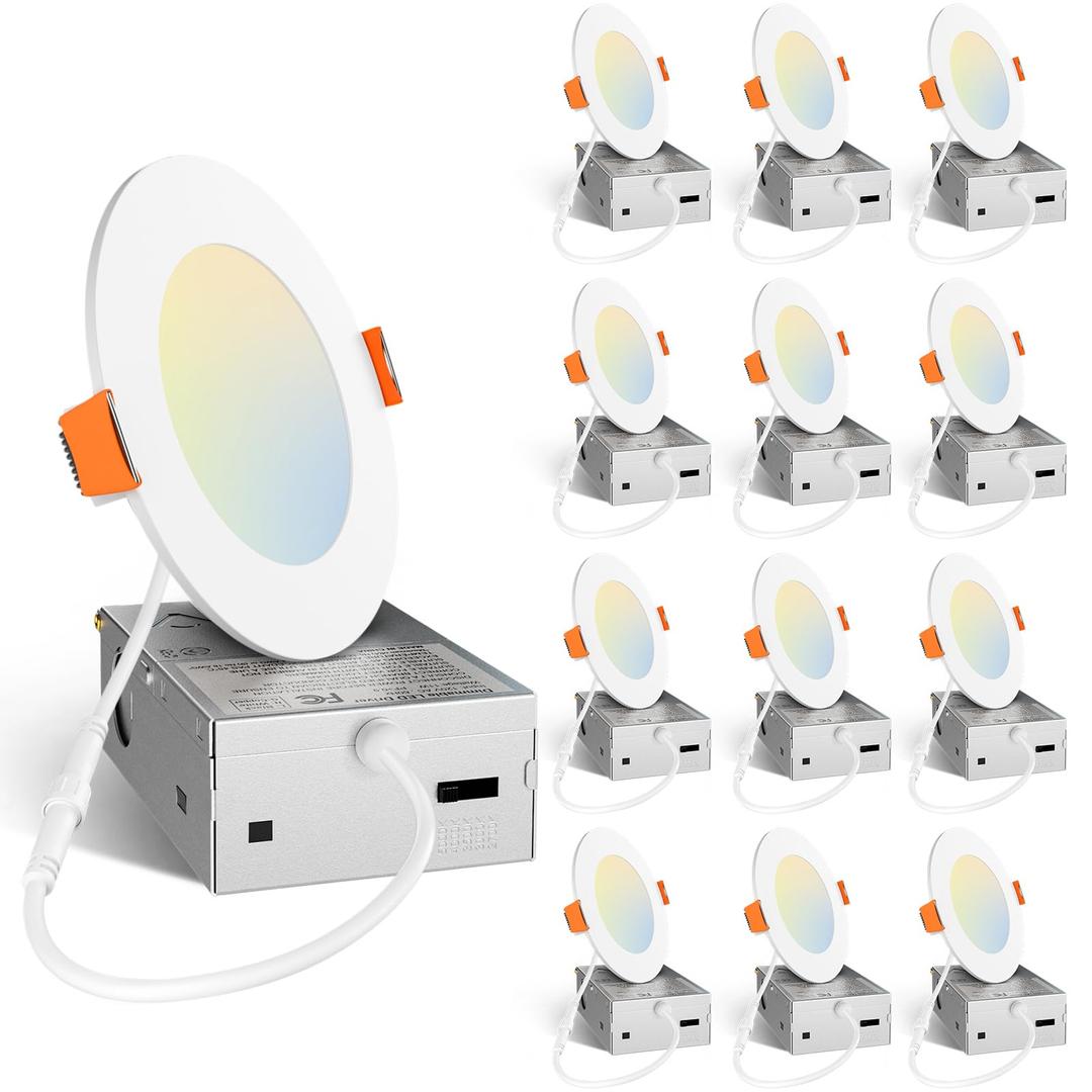 Amico 11 Pack 4 Inch 5CCT Ultra-Thin LED Dimmable Can/Ceiling Light with Junction Box, 2700K/3000K/3500K/4000K/5000K Selectable, 11W Eqv 70W, 800LM High Brightness Wafer Downlight - ETL&FCC ( 1 Is Missing)