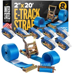 US Cargo Control E Track Straps 2" x 20' (8-Pack), 4,400 LBS Break Strength, Blue Heavy Duty E Track Ratchet Straps with 4' Fixed End and Spring E-Fittings, Logistic Tiedowns for Box Trucks, Vans