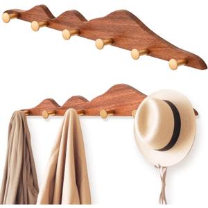 Weysat 23.6 Inch Coat Rack Wall Mount Hooks, Wooden Coat Hanger with 6 Gold Brass Hooks Decorative Heavy Duty Wood Wall Rack, Wall-Mounted Rail for Entryway, Farmhouse Hanging Keys Hats Towels Bags