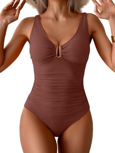 B2prity One Piece Swimsuit for Women Tummy Control Ruched Bathing Suit V Neck Push Up Swim Suit MEDIUM