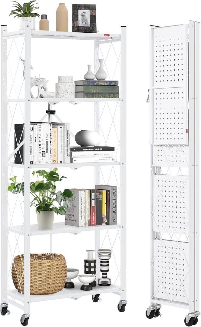 DEANIC 5-Shelf Folding Bookcase with Wheels, Rolling Bookshelf Heavy Duty Storage Shelves, Freestanding Metal Wire Shelving Unit for Living Room, Office, Kitchen, Basement, Pantry (White), Compact 5 tier