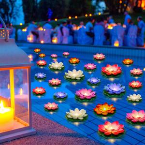Liliful 36 Pcs Floating Lights Lotus Floating Lanterns Artificial Lily Pads with LED Lights Battery Operated for Pool Party Garden & Pond Summer Decoration (3.94,5.91 Inch,Rich Color)