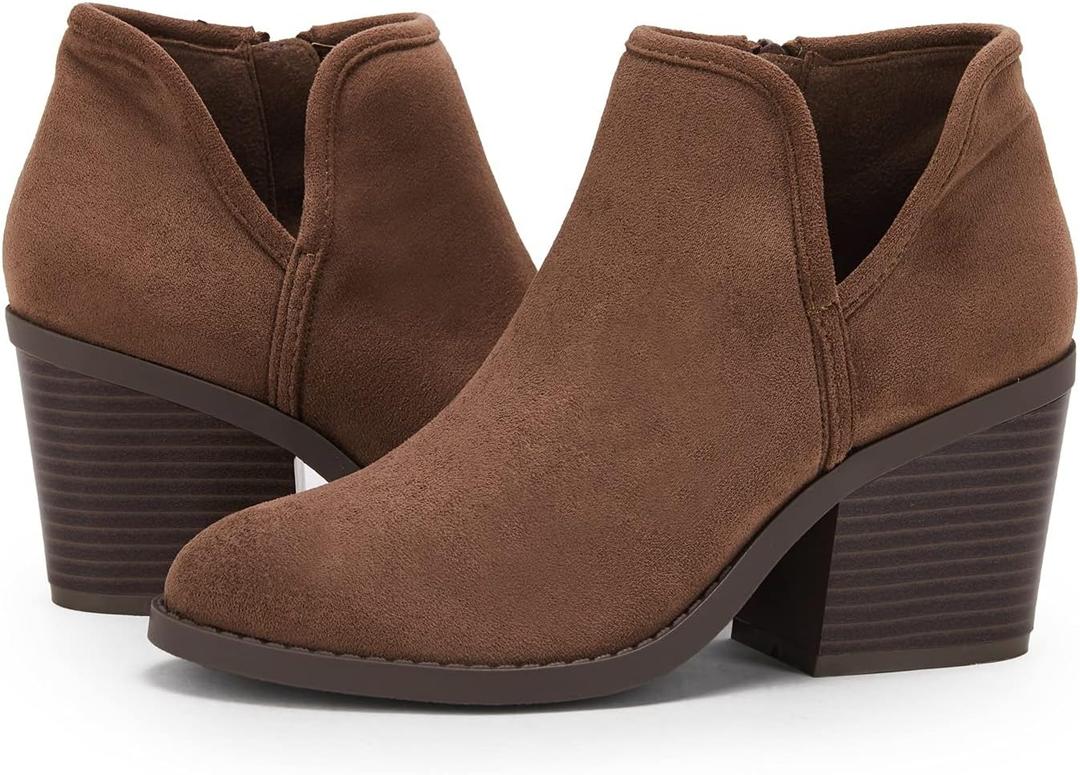 PiePieBuy Womens Ankle Boots Chunky Stacked Heel Slip on Shoes Faux Suede Side Zipper Casual Western Booties (6, Brown-1)