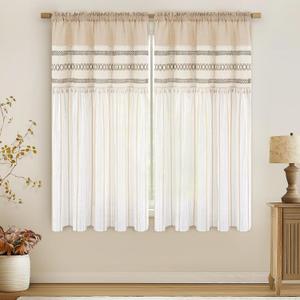 FRAMICS Linen Curtains for Living Room Striped Window Curtain Farmhouse Curtains for Bedroom Boho Crochet Drapes 63 Inch Length 2 Panels Set Light Filtering Drapes Rod Pocket Window Treatment