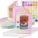 KEYIDO 30 Pcs Individual Cupcake Boxes Gradient Single Cupcake Boxes 1 Hole Cake Box with Clear Window Inserts and 2 Sheets of Stickers for Wedding Birthday Party Favors