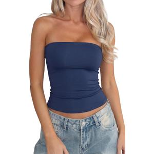 QINSEN Women's Tube Top Double Lined Strapless Bandeau Top Summer Slim Fit Going Out Tank Tops (Blue, M)