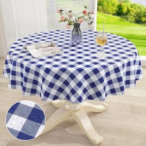 misaya Round Waterproof Vinyl Table Cloth, Buffalo Flannel Backed Tablecloth, Wipeable Plastic Table Cover for Dinner, Kitchen, Picnic (60", White and Navy)