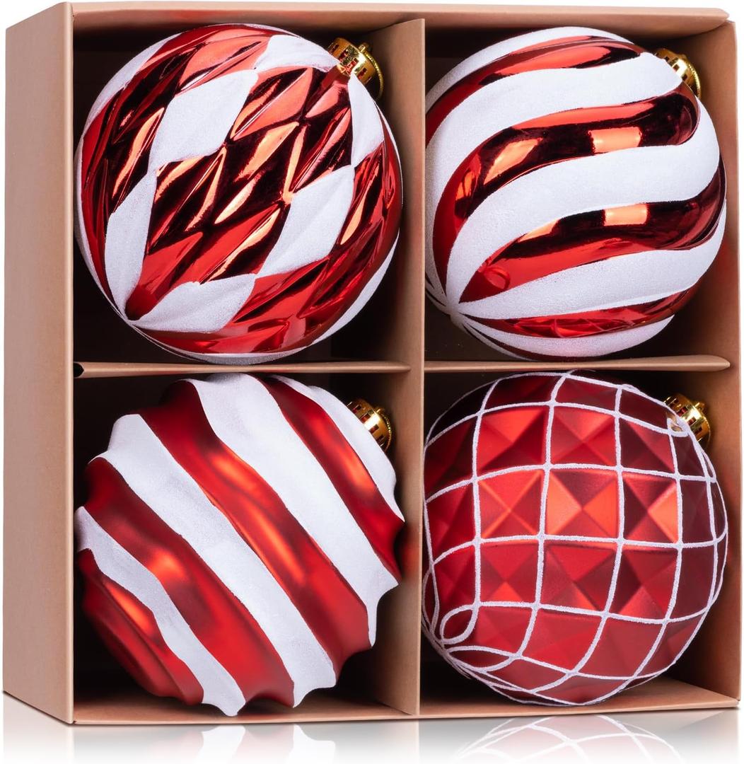 6 Inch Large Red and White Christmas Ball Ornaments Set, 4 Pcs Big Shatterproof Hand-Painted Hanging Bulbs for Xmas Tree, Wreath, Garland, Holiday Party Outdoor Decorations