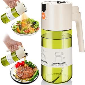 Upgrade 2 in 1 Oil Sprayer for Cooking, 17oz Light-Blocking Glass Olive Oil Dispenser Bottle for Kitchen,Food-Grade Oil Mister with 8 Stickers for Salad, Frying (Green Bottle-White Gap)