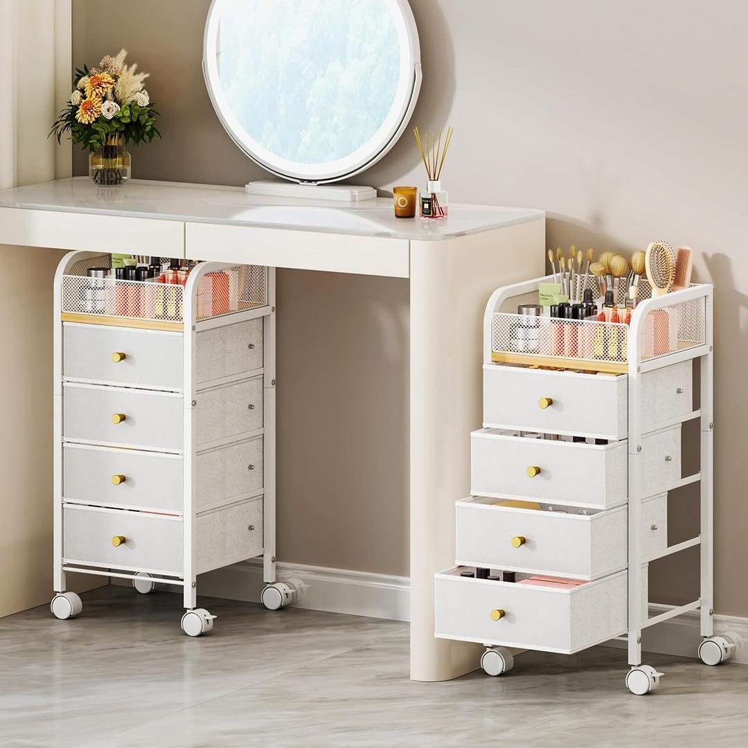 SWTYMIKI Rolling Makeup Organizer Cart - Floor Skincare Make Up Storage with 4 Non-woven Drawers, Vanity Organizer Cosmetic Display Cases Cabinet for Skin Care Perfume Nail Polish Brush Hair Tool (5-Tier, White)