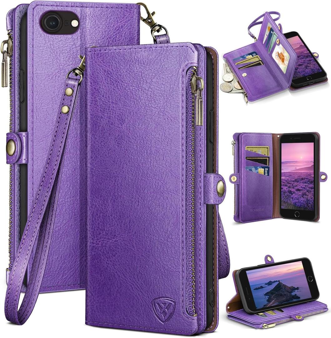 XcaseBar for iPhone SE 3rd/7/8 Wallet case with Zipper Credit Card HolderRFID Blocking, Flip Folio Book PU Leather Phone case Shockproof Cover Women Men for Apple SE case Purple