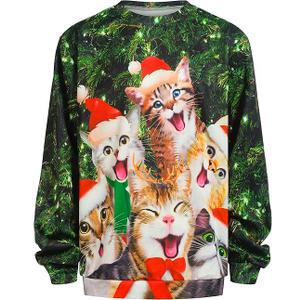SightYoung Men Ugly Christmas Sweatshirts,Cat Ugly Christmas Sweater,3D Funny Graphic Long Sleeve Crew Neck Sweatshirts,Dark Green,XL