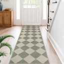 Beeiva Checkered Print Hallway Runner Rug Non Slip, Ultra Thin Washable Kitchen Runner Rug 2x6, Moroccan Neutral Green Soft Floor Carpet for Bedroom Laundry Room, Minimalist Diamond Hallway Decor