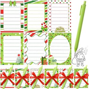 Eaasty 108 Pcs Christmas Sticky Notes Christmas Party Favors Stationery Gift Set Cute Cartoon Xmas Sticky Notes with Pens Ribbon for Home Office Classroom Party Supplies (Green, Red)