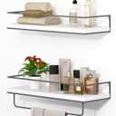 Shario White Floating Shelves - Set of 2, Wall Mounted Hanging Shelves with Grey Towel Rack, Decorative Storage Shelves for Bathroom, Kitchen, Living Room & Bedroom (White Grey, 15.7 Inches)