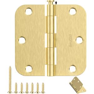 Door Hinges Satin Brass - 12 Pack Gold Door Hinges 3.5 Inch Rounded Interior Door Hinge with 5/8" Radius - 3 1/2 Inches Flat Iron Brass Hinges for Residential Standard Doors