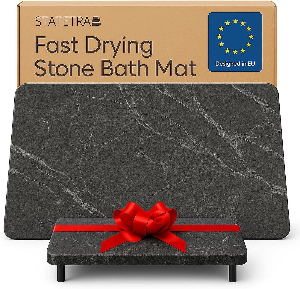 Stone Bath Mats for Bathroom - Diatomaceous Earth Bath Mat, Quick-Dry Bath Stone Mat & Large/Small Stone Shower Mat, Anti-Slip 100% Natural Stone Bathmat, 2 Stone Mats (Black Marble)