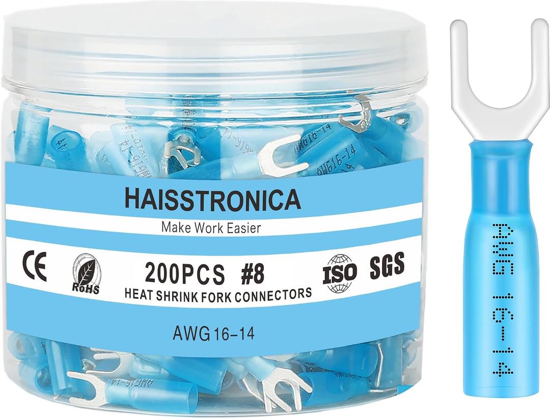 haisstronica 200PCS Heat Shrink Fork Terminals, 16-14 AWG, #8, Blue | Screw Access Without Full Removal, 3:1 Adhesive-Lined Seal, Fuse Block and Amplifier Wiring, Brazed-Seam Crimp Barrels