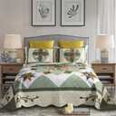 YAYIDAY Oversized King Bedspread Patchwork Quilt Set (120x118 Inch) - 100% Cotton Reversible Breathable Green Earth Geometric Quilted Coverlet with Pillow Shams for All Seasons (Green Floral Star)