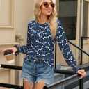 Long Sleeve Shirts for Women 2026 Spring Dressy Casual Blouses Pleated Crewneck Tunic Tops for Leggings Cute Tee (Large, Royal Blue Floral)