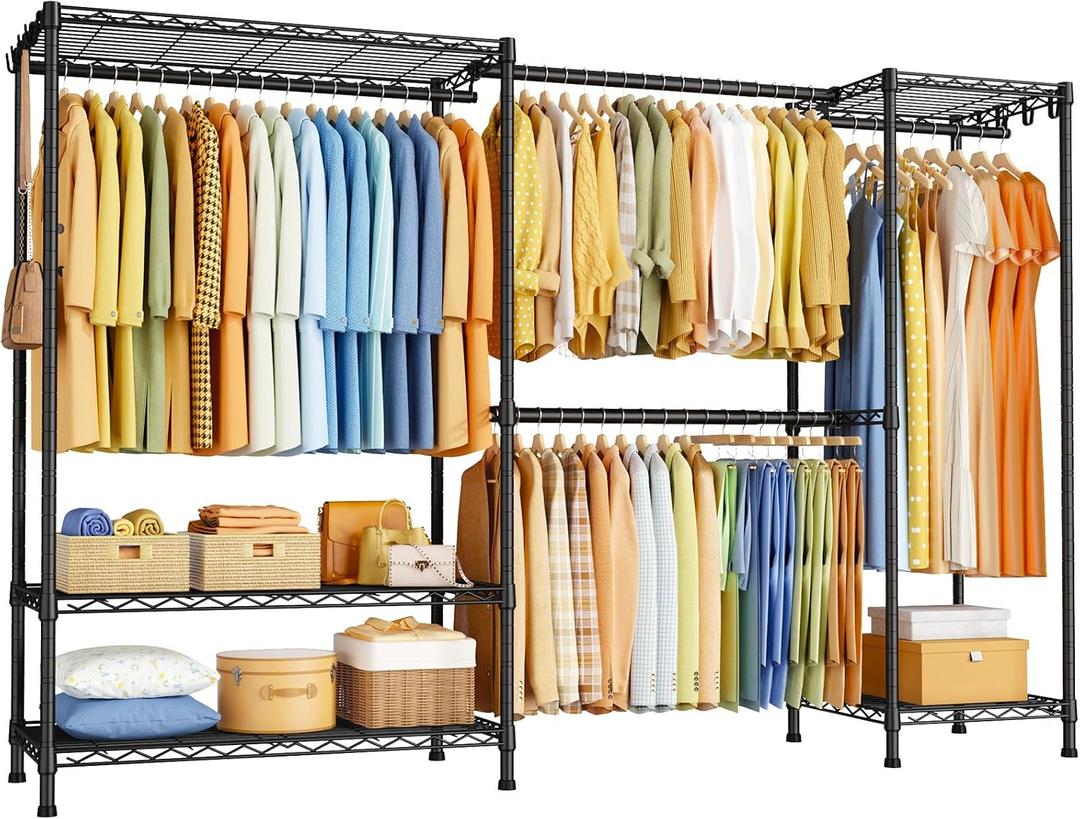 ULIFHOME E17 Heavy-Duty Clothes Rack with 2 Expandable Hanging Rods, Black, 78-102.7"W x 15.7"D x 76.6"H