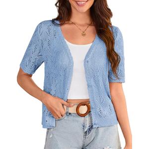 GRACE KARIN 2025 Women's Short Sleeve V Neck Cardigans Sweaters Open Front Knit Crochet Button Bolero Shrugs Tops (XX-Large, Light Blue)