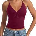 REORIA Women's Basic Cross Wrap V Neck Backless Double Lined Halter Tank Tops Cute Summer Trendy Sleeveless Shirts (Red, M)
