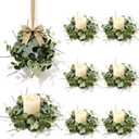 6 Pcs Small Spring Summer Candle Ring Wreaths with Artificial Eucalyptus Greenery White Buds Branches Mini Pillar Candle Holder Wreath for Home Table Centerpieces Kitchen Wedding Farmhouse Party Decor