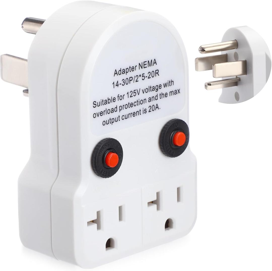 30 Amp to 20 Amp 110V Dryer Distribution Adapter Compatible with NEMA 14-30P to 2X 5-20R/ 5-15R, 4 Prong Dryer Wall Socket to 3 Prong Household Outlet with 20 Amp Circuit Breaker
