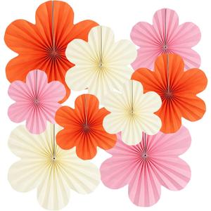9 Pcs Paper Flowers Decoration Pink and Orange Party Decoration Paper Fans, Variety Pack