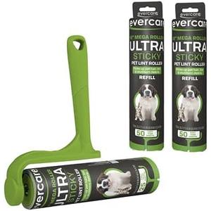 Evercare Ultra Sticky Pet Mega Lint Roller Value Pack, Manual Clothes & Furniture Cleaner with Handle and 2 Refills, 50 Sheets Each