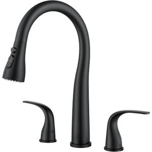 Black Kitchen Faucet 3 Hole with Pull Down Sprayer, 2-Handle High Arc Kitchen Sink Faucet with 3 Function Spray, Stainless Steel, T-3005B