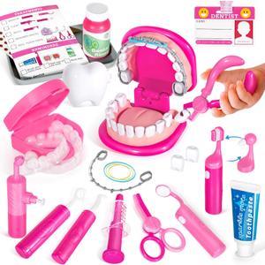 ULOVEME Kids Dentist Play Set Pink with Braces /Removable Teeth /Retainer - Doctor Kit for Toddlers 3-5 - Educational Toys for 4+ Year Old Girls - Pretend Play Toy for Ages 5-7 (Fushia)
