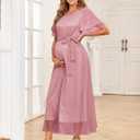 AISWI 2025 Maternity Sparkly Mesh Maxi Flowy Dress with Belt Ruffle Sleeves Pregnant Long Dress Baby Shower Photoshoot Formal (Pink, XL)