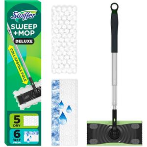 Swiffer Sweep & Mop Deluxe 2-in-1 Floor Mopping and Sweeping Kit, Multi-Surface Kit for Floor Cleaning, Kit Includes 1 Sweeper Device, 5 Heavy Duty Dry Sweeping Cloths, 6 Heavy Duty Wet Mopping Cloths