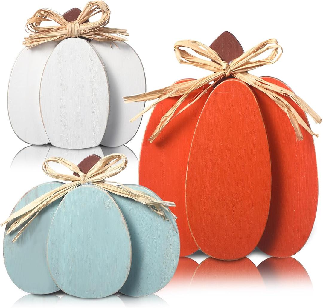 Faccito 3 Pcs Fall Decorations Wooden Pumpkin Signs Thanksgiving Table Centerpieces Autumn Tiered Tray Decorations Farmhouse Pumpkins Block with Straw Bow for Home Mantel Harvest Party(Rustic Color)