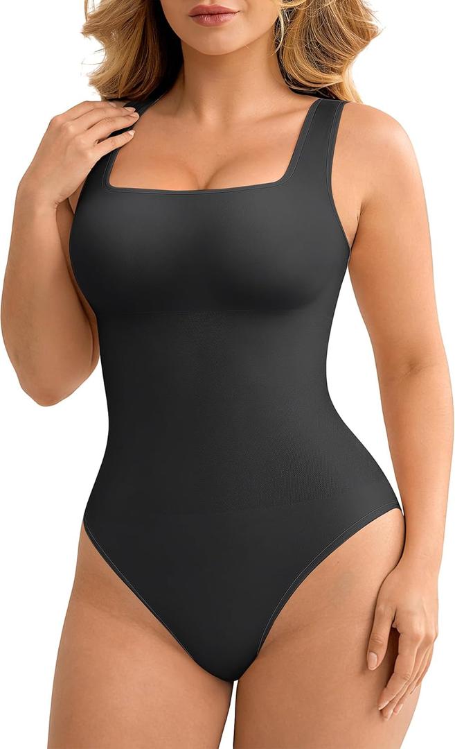 BRABIC Bodysuit Shapewear for Women Tummy Control Panties Seamless Sleeveless Tops V-Neck Camisole Jumpsuit(Black Thong, Medium/ Large)