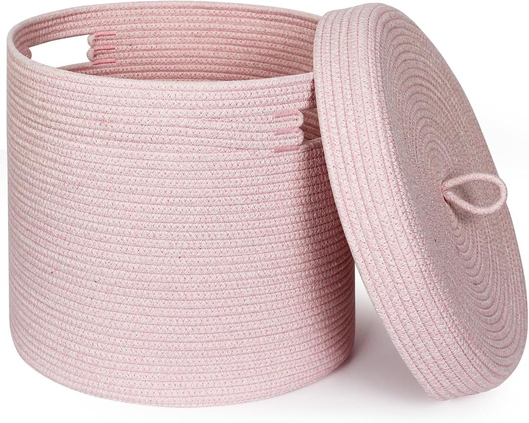 Storage Basket with Lid, Woven Blanket Storage for Living Room, Soft Cotton Rope Bin with Lid, Round Wicker Laundry Basket with Cover, Lidded Kid Dog Toy Box, Nursery Organizer, 15"x13", Pink, Large