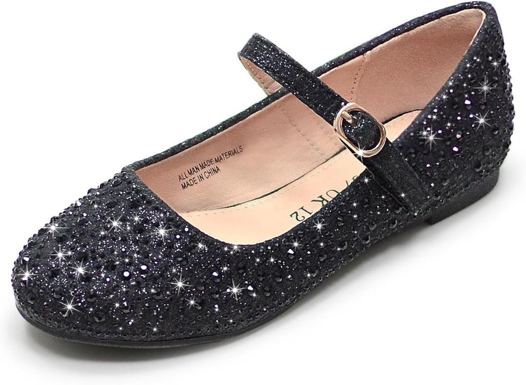 Girls Dress Shoes Sparkle Mary Jane Ballet Flats with Rhinestone Princess Flower Wedding Shoes, UK 3